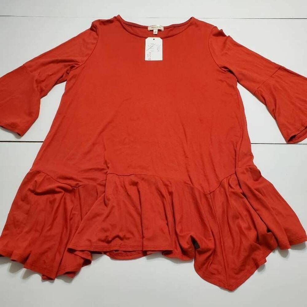Hailey & Co. Womens Tunic Top Red Bell Sleeve Scoop Neck Asymmetric Stretch S‎
